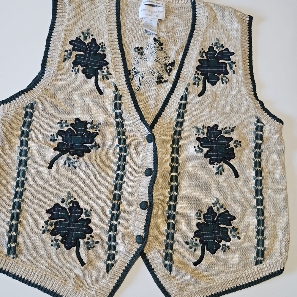 Christopher & Banks Cream and Green Embroidered Sweater